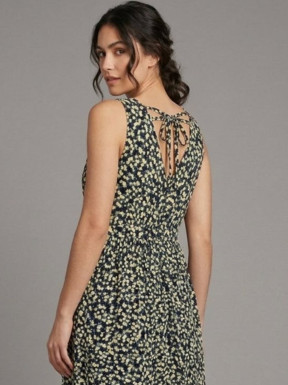 Calvin Klein Ditsy Floral Midi Dress Sz 10 Yellow Black V-Neck Tie-Back Cotton